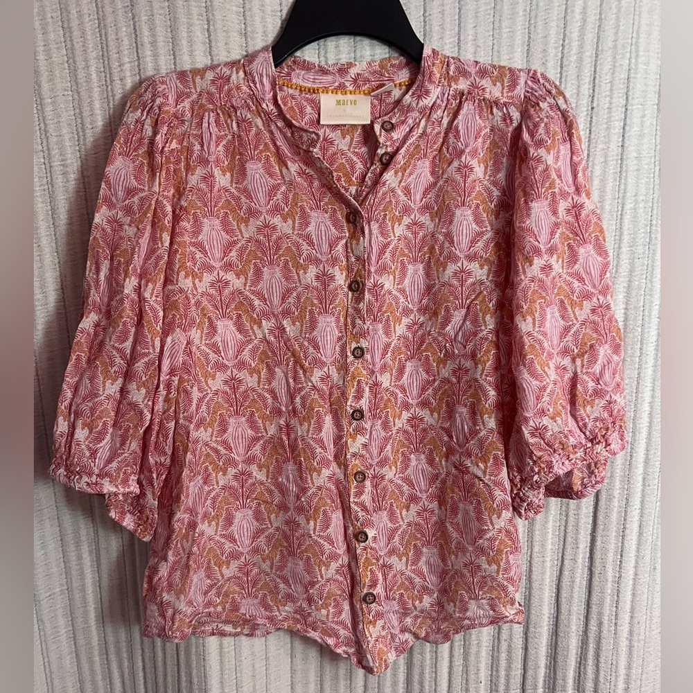Anthropologie Maeve Pink and Tan Patterned Blouse
